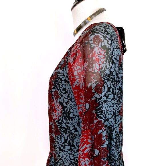 New Cinq a Sept Silk Chiffon Floral Tie Back Peplum Blouse Red Black Sz XS - Picture 7 of 16